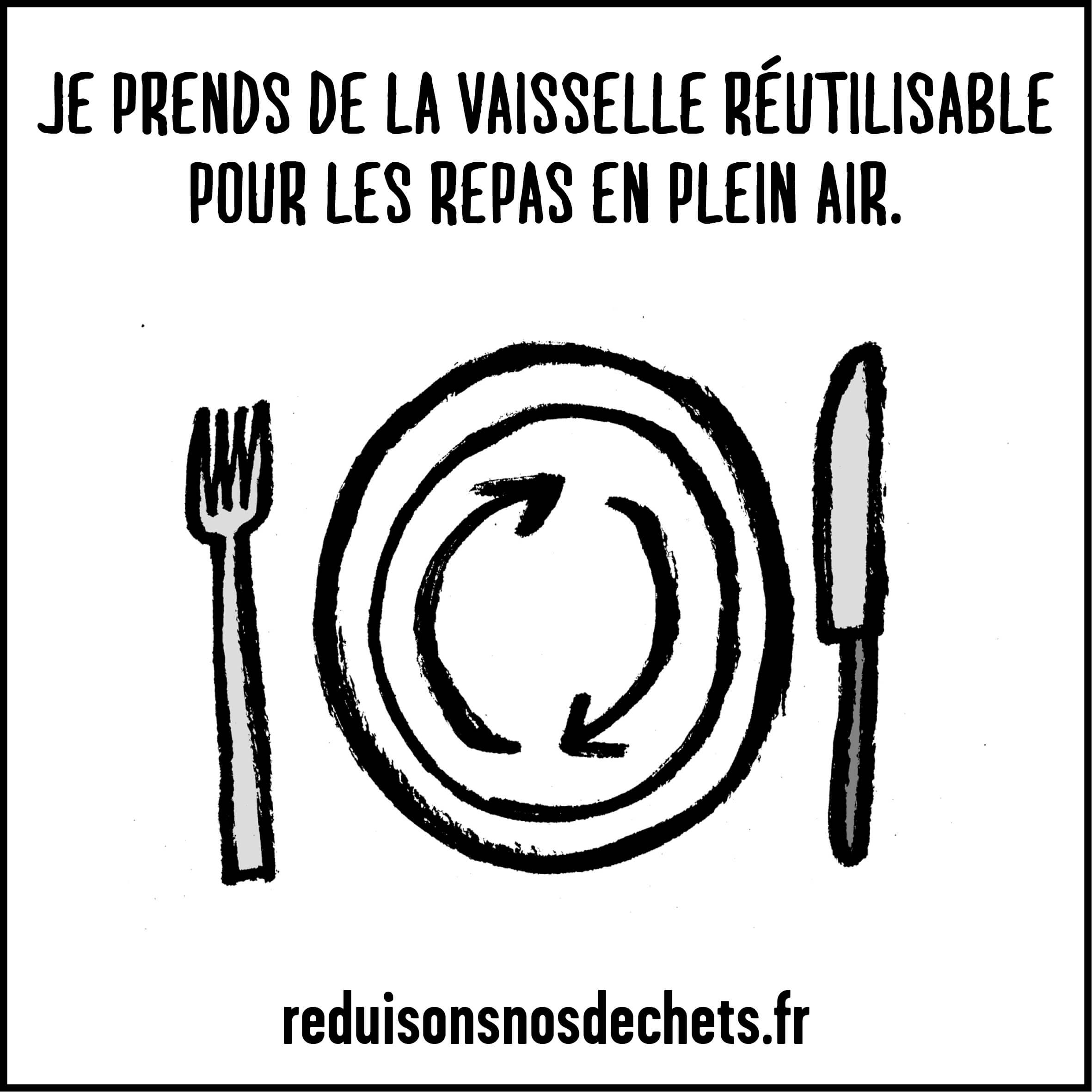 Je prends de la vaisselle réutilisable pour les repas en plein air.